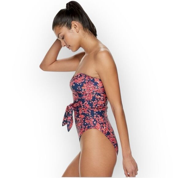 WeWoreWhat Bandeau Tie-Front One-Piece Swimsuit L Navy Red Floral - Picture 2 of 8